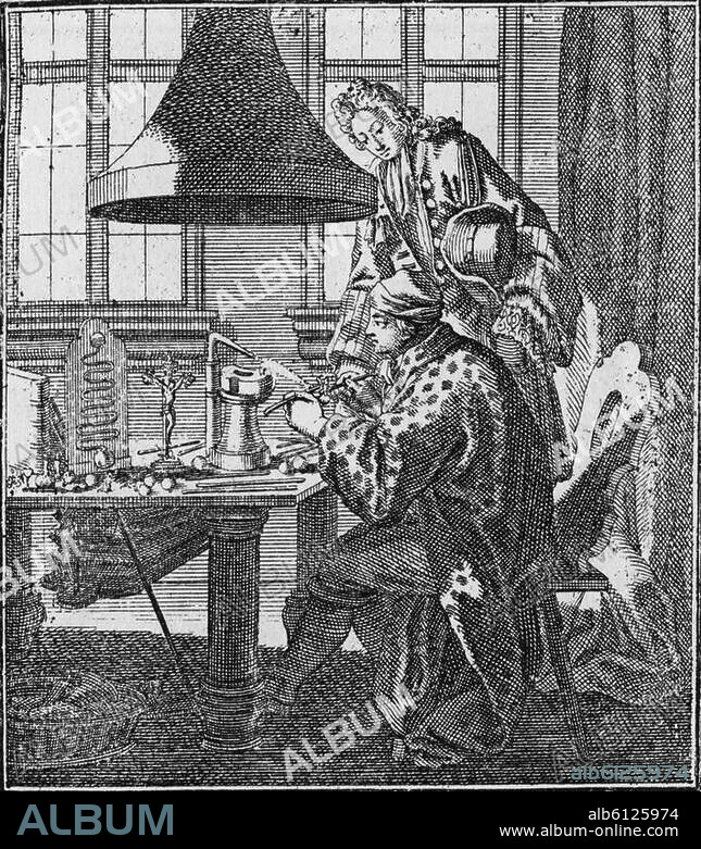 Craft and Trade / Glass blower. "Der Glasbläser". (The Glass blower.). Copper engraving by Christoph Weigel. (1654-1725). From the series of planned, but not included, depictions of professions in the Book of Trades 1698. From:. Abraham a Sancta Clara, Etwas für Alle, Würzburg (Hiob Hertz) 1699-1711.