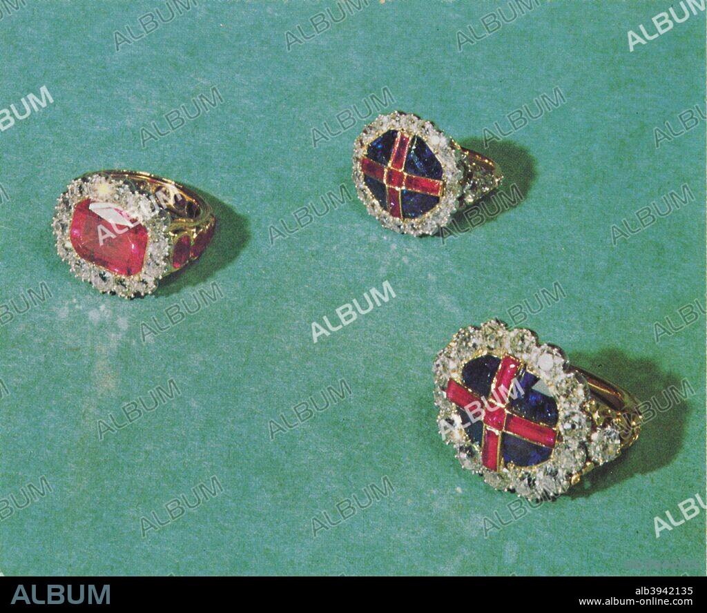 'Coronation rings', 1953. Queen Adelaide's Coronation Rings (1831) are part of the Royal Collection at the Tower of London. From The Crown Jewels, by Martin Holmes FSA. [Her Majesty's Stationery Office, London, 1953].