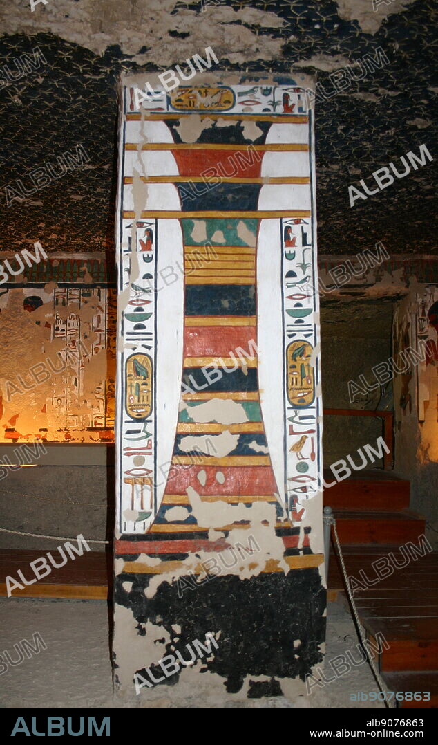 The Djed pillar a symbol in Ancient Egypt, representing stability. It is associated with the creator god Ptah and Osiris. Wall painting in the Egyptian god of the afterlife, the underworld, and the dead Wall Painting Inside the tomb (QV66) of Nefertari, in Egypt's Valley of the Queens. It was discovered by Ernesto Schiaparelli in 1904. It is called the Sistine Chapel of Ancient Egypt. In the Valley of the Queens, Nefertari's tomb once held the mummified body and representative symbolisms of her, like what most Egyptian tombs consisted of. Now, everything had been looted except for two thirds of the 5,200 square feet of wall paintings. ca. 1255 BC.