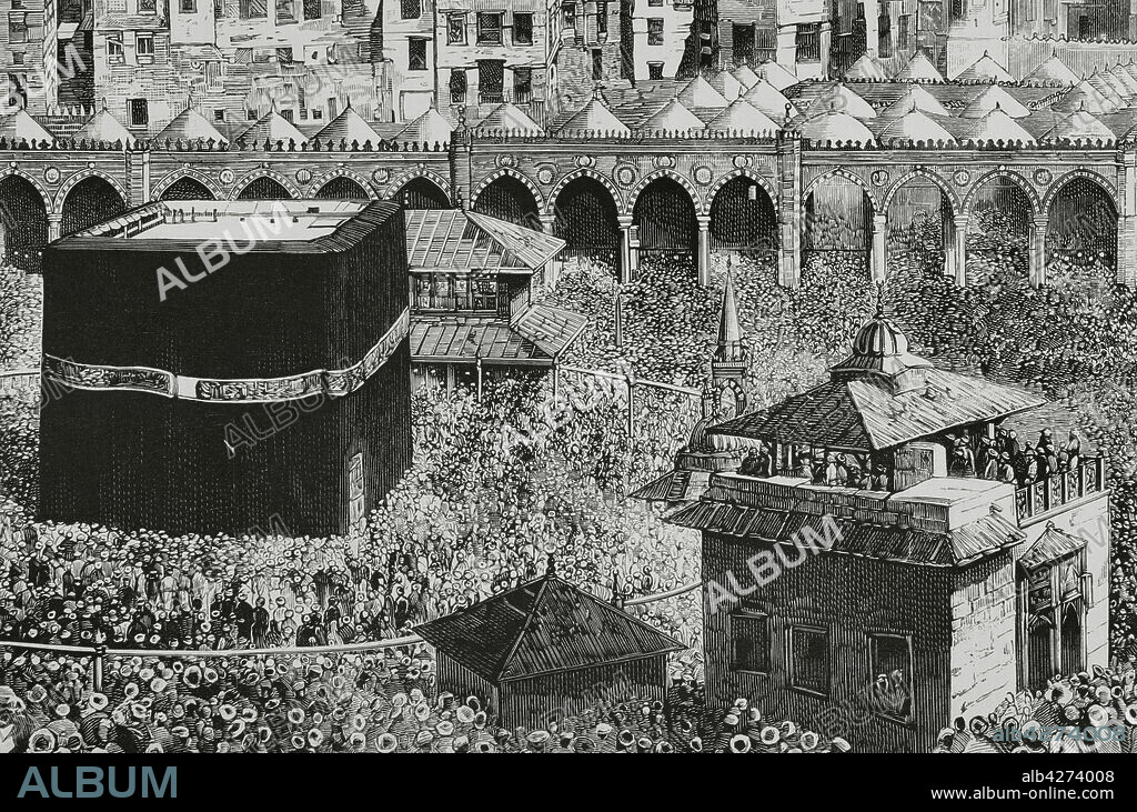 Arabia Saudí. La Meca. En el centro de la Mezquita Masjid al-Haram, la Kaaba, que alberga la "Piedra Negra". Grabado. Detalle. La Ilustración Española y Americana, 1882.