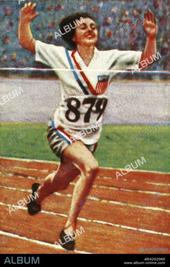 American athlete Betty Robinson, winner of the women's 100m, 1928. Betty Robinson (1911-1999) was the winner of the first Olympic 100m for women. She won gold medal at the 1928 Summer Olympics, held in Amsterdam. From "Die Welt in Bildern", (The World in Pictures), cigarette card album, c1928. [Georg A Jasmatzi, A.-G., Dresden, Germany].