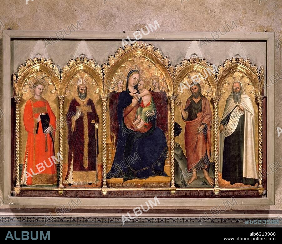 Andrea da Firenze, eigentl. Andrea Bonaiuto oder di Bonaiuto; nachweisbar ab 1343, gesorben 1377; zugeschrieben. "Thronende Maria mit Kind und den Heiligen Leonhard, Niklaus, Johannes dem Täufer und dem Propheten Elias". Polyptychon. Tempera und Goldgrund auf Holz. Florenz, Kirche S.Maria del Carmine, Sakristei.