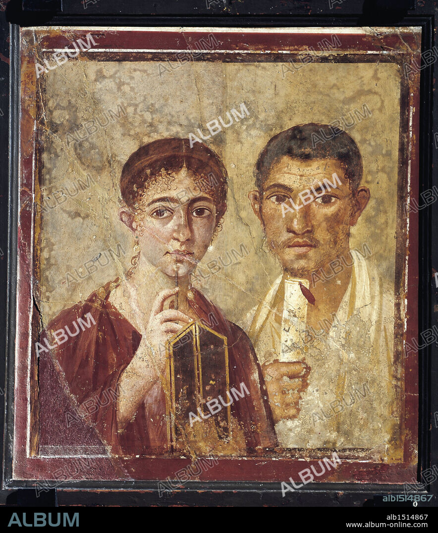Roman civilization, 1st century A.D. Portrait of baker Terentius Neo and his wife in formal clothes, 55-79 A.D., painting on plaster, 65x58 cm. From Pompei.