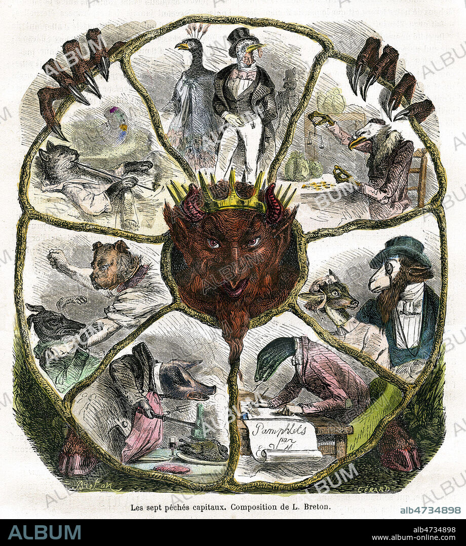 Les sept peches capitaux. (orgueil, avarice, luxure, envie, gourmandise, colere, paresse). Illustration de Louis BRETON (19 s.) pour La Semaine des Familles du 2 fevrier 1878. Mise en couleur par nos soins. Credit : Coll. Jonas/KHARBINE-TAPABOR.