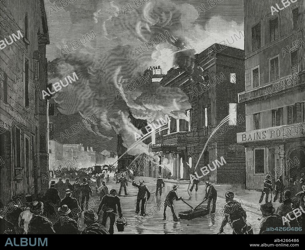 Francia. Niza. Incendio del Teatro Italiano, en la noche del 24 de marzo de 1881. Grabado por Rico. La Ilustración Española y Americana,8 de abril de 1881.
