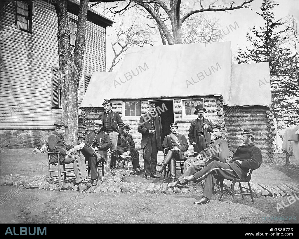 Staff of Officers at Headquarters of 6th Army Corps, Winter of 1864 during the American Civil War. Capt. Henry W. Farrar - Aide De Camp., Captain Henry R. Dalton, Major General Wright. This photo has been digitally restored.