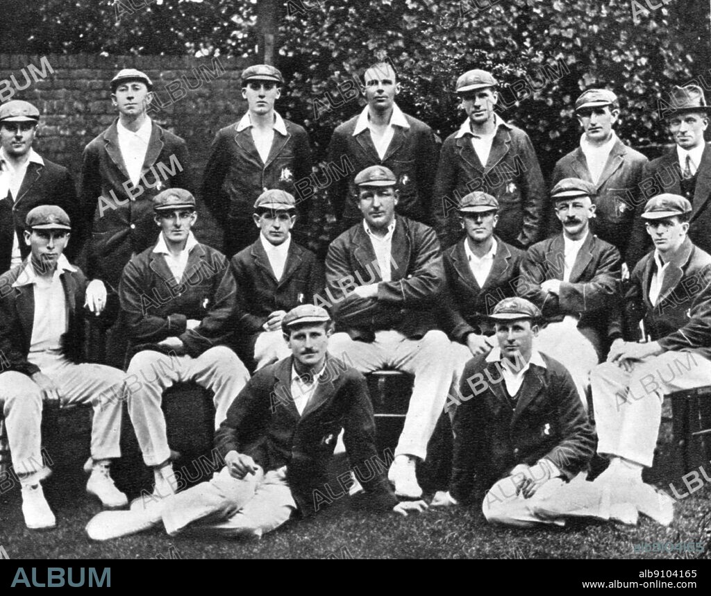 The Australian Team 1921 background; W Bardsley; J Ryder; H L Hendry; J M Gregory; E R Mayne; T J E Andrews; Sydney Smith (Manager) Front Row A A Mailey; E A McDonald; H L Collins; W W Armstrong; C G Maccartney; H Carter; J M Taylor; C E Pellow and W A Oldfield.