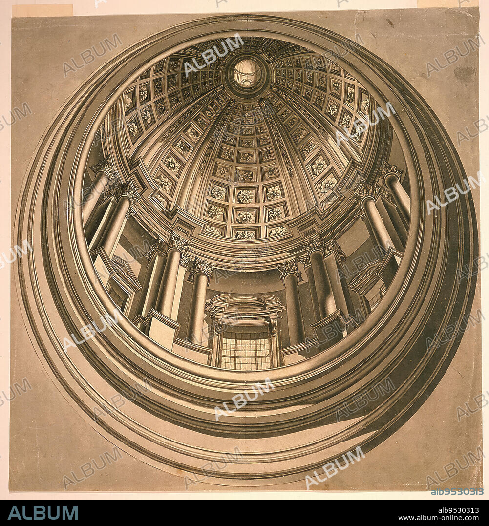 ANDREA POZZO (after). Architectural view looking up into a circular coffered cupola, sculpted with flowers. An entablature consisting of three windows separated by pillars supports the interior ceiling. A lantern tops the cupola. Pen and black ink, brush and gray wash on off-white laid paper. Date: early 18th century.