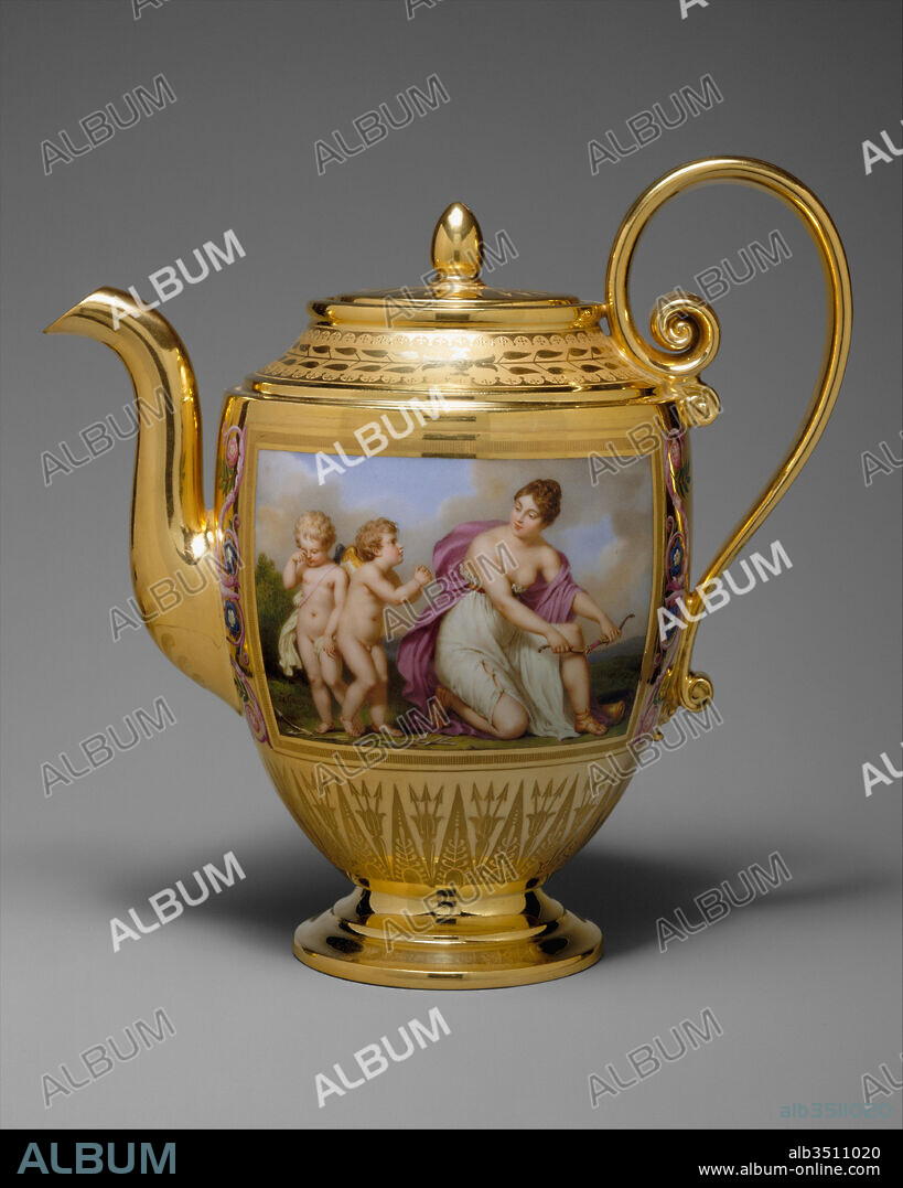 Teapot (théière Asselin), part of Breakfast Service (déjeuner), 1813, French, Sèvres, Hard-paste porcelain, Height (with handle): 8 1/16 in. (20.5 cm), Ceramics-Porcelain, This breakfast service was presented by Napoleon I to Princess Auguste-Amélie, wife of his stepson Eugène Beauharnais, on New Year's Day of 1814. The overall theme of the decoration was described in the factory records as the 'loves of amors and nymphs,' and the title given to the scene on the tray was 'Accused Nymphs Appearing before the Tribunal of Love.