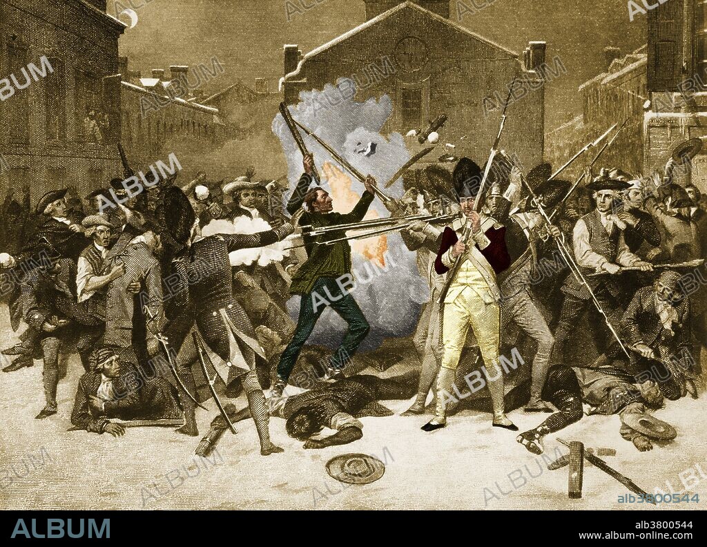 A painting of the Boston Massacre by the American artist Alonzo Chappel (1828-1887). On March 5th, 1770, five civilians were killed by British troops in Boston after an argument broke out between a sentry and a local merchant. The Boston Massacre, as it came to be known, was one of many events that eventually triggered the American Revolution.