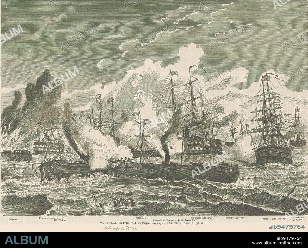 Battle of Lissa, 1866, Die Seeschlacht bei Lissa (title on object), The Battle of Lissa on July 20, 1866 in which the Austrian fleet won over the Italian fleet. Part of the Prussian-Austrian War., print maker: anonymous, Germany, Sep-1866, paper, height 256 mm × width 380 mm.