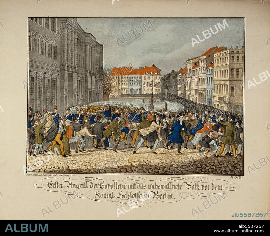 ANONYMOUS. Revolution 1848/49. "First attack by the cavalry on the defenseless people in front of the royal castles in Berlin" (14 March 1848). Contemporary lithograph, coloured. Berlin, Landesarchiv.
