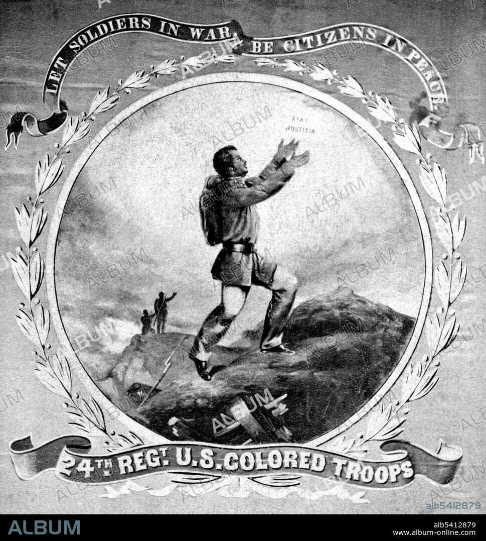 24th Regt. U.S. Coloured Troops. Let Soldiers in War, Be Citizens in Peace shows the regimental flag and motto of the 24th Infantry Regiment. Buffalo Soldiers originally were members of the US 10th Cavalry Regiment of the US Army. This nickname was given to the Negro Cavalry by the Native American tribes they fought in the Indian Wars. The term eventually became synonymous with all of the African American regiments formed in 1866: 9th Cavalry Regiment, 10th Cavalry Regiment, 24th Infantry Regiment, and 25th Infantry Regiment. Although several African American regiments were raised during the Civil War as part of the Union Army, the Buffalo Soldiers were established by Congress as the first peacetime all-black regiments in the regular US Army. On September 6, 2005, Mark Matthews, who was the last living Buffalo Soldier, died at the age of 111. He was buried at Arlington National Cemetery. No artist or photographer credited, circa 1860s.