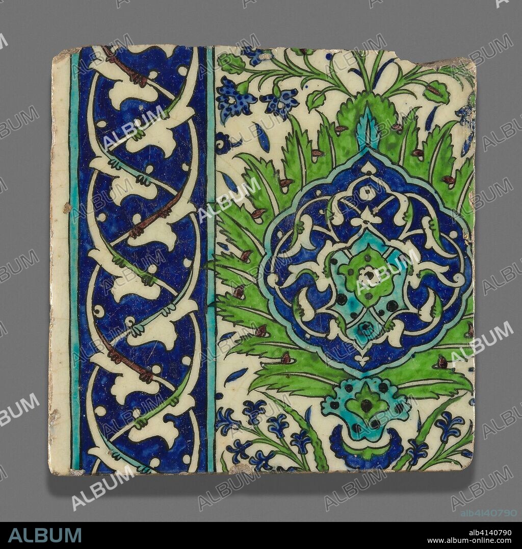 ISLAMIC. Tile. Syria. Date: 1601-1700. Dimensions: 26.9 × 27 × 20cm (10 9/16 × 10 11/16 × 7 7/8 in.). Fritware, painted in blue, turquoise, green, purple, and black under a transparent glaze. Origin: Damascus.