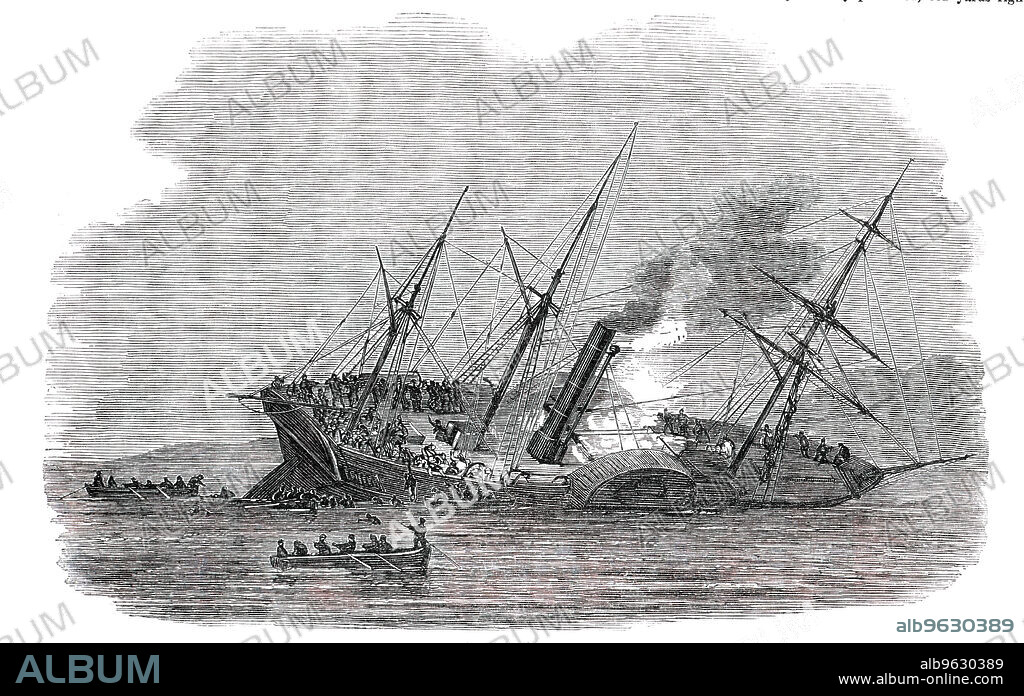 The "Orion" Sinking, 1850. The Orion paddle steamer struck a submerged rock near Portpatrick Lighthouse, Wigtownshire, Scotland. 41 of the 200 passengers on board died. View of the ship '...as she appeared just before she went down...Not many minutes after she struck, the bows went down under water, and she heeled over to the starboard side, so that no one could stand except by holding by the sides: all was confusion around me; the ladies screaming and men crying for help from the shore. Some went down to their cabins to save some part of their clothing, and never came up again alive. By this time the vessel had sunk about half; those that could swim jumped into the water, and others were saved by shore-boats, which had now come in numbers, and did every thing to rescue them from drowning'. From "Illustrated London News", 1850.