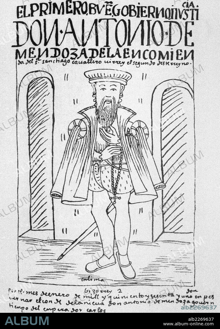 FELIPE HUAMAN POMA DE AYALA. CRONISTA INDIGENA DEL VIRREINATO DEL PERU.1534-1615. ILUSTRACION DE SU OBRA , " NUEVA CRONICA Y BUEN GOBIERNO ". BIBLIOTECA DEL INSTITUTO DE COOPERACION IBEROAMERICANA. MADRID. ANTONIO DE MENDOZA , PRIMER VIRREY DEL PERU NOMBRADO PÒR CARLOS V EN 1549.