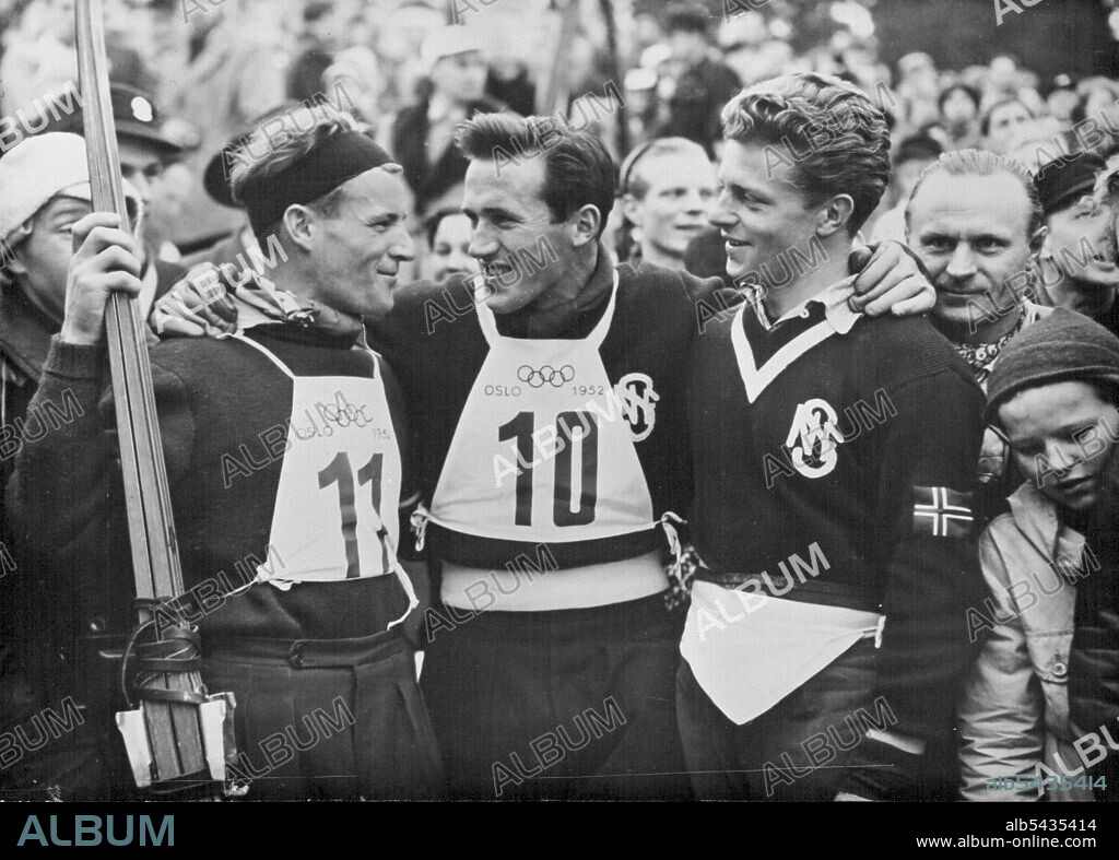 The Winter Olympic Games -- The three winners of the down-hill competition in Roedklevia, Oslo. From left to Right are: Othmar Schneider (Austria, First); Guttorm Berge (Norway, Third) and Stein Eriksen (Norway, Second). February 21, 1952. (Photo by Paul Popper Ltd.).