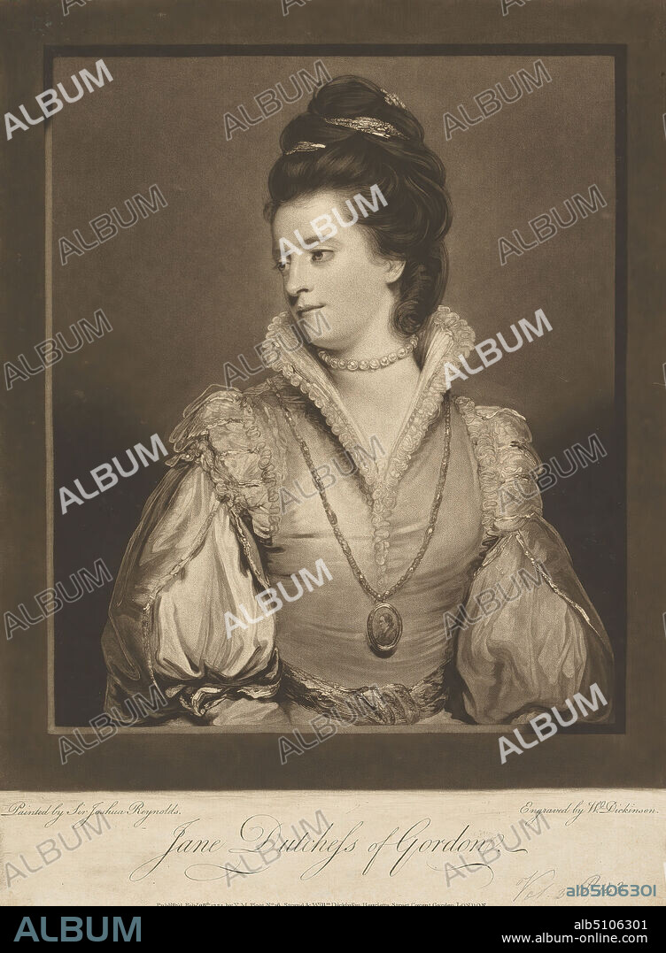 Jane Gordon (née Maxwell), Duchess of Gordon, William Dickinson, 17461823, British, after Sir Joshua Reynolds RA, 17231792, British, 1775, Mezzotint on medium, moderately textured, beige, laid paper, Sheet: 14 3/4 × 10 15/16 inches (37.5 × 27.8 cm) and Image: 12 3/4 × 10 15/16 inches (32.4 × 27.8 cm).