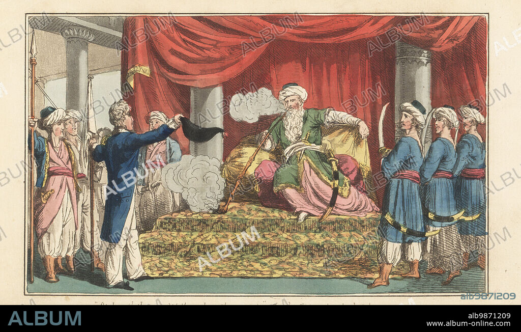 An English naval officer at the court of a Turkish pirate chief. The Moor sits on a divan on a carpet smoking a tobacco pipe, with guards in turbans armed with scimitars and lances. Admiral Bowsprit in an audience with a Moor sultan. Handcoloured copperplate engraving by Charles Williams from The Post Captain, or Adventures of a True British Tar by a Naval Officer, J. Johnston, London, 1817. Attributed to Alfred Thornton or John Mitford.