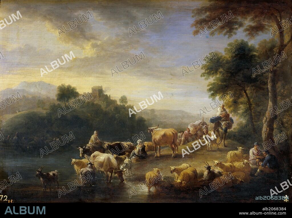 ADRIAEN FRANS BOUDEWYNS. Adriaen Fransz Boudewijns / 'Landscape with Cattle', Second half 17th century - Early 18th century, Flemish School, Oil on panel, 32 cm x 43 cm, P01376.