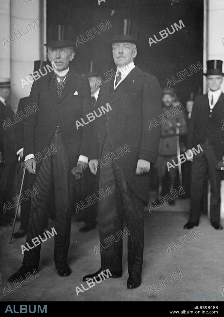 HARRIS & EWING. Belgian Mission To U.S., Baron Ludovic Moncheur, Head of Mission, and Secretary Robert Lansing at Union Station, Washington DC, 1917.