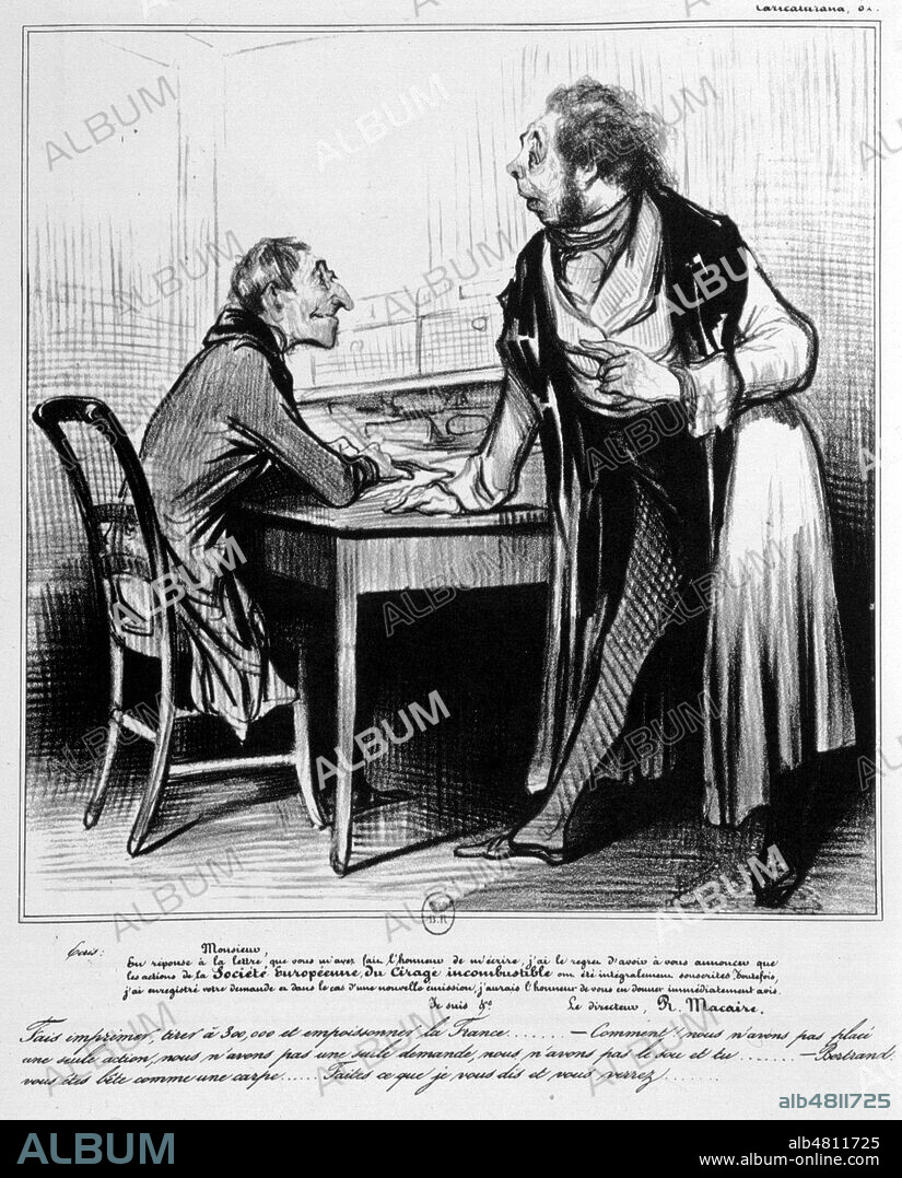 'Les gens d'affaires' Lithographie d'Honore DAUMIER (1808-1879) publiee dans Le Charivari vers 1840. Un homme en robe de chambre parle a son secretaire ou a son comptable. Credit : Collection KHARBINE-TAPABOR.