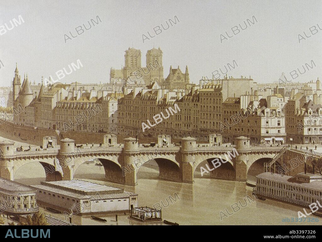 París. El Puente Nuevo en el río Sena, 1840. Francia.