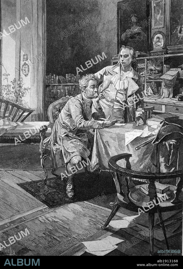 Johann Wolfgang von Goethe (1749-1832) en su estudio, junto a Schiller. Dibujo de Mucha.