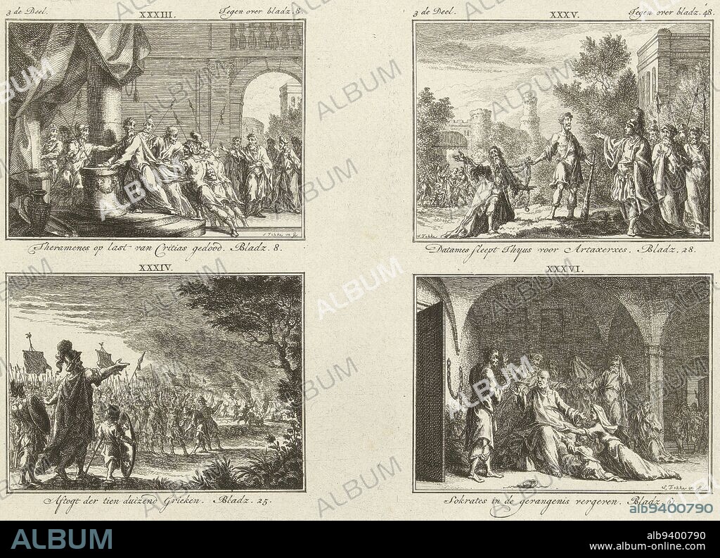Four classical history illustrations from one plate, numbered XXXIII through XXXVI, all with captions Top left: Theramenes killed by order of Critias Bottom left: Retreat of ten thousand Greeks Top right: Datames drags Thyus before Artaxerxes Bottom right: Socrates is pardoned in prison Representations XXXIII and XXXIV marked at upper right: Opposite page 8 Representations XXXV and XXXVI marked at upper right: Opposite of page 48, Four representations from classical history Illustrations from classical history , print maker: Simon Fokke, (mentioned on object), Simon Fokke, (mentioned on object), Amsterdam, 1722 - 1784, paper, etching, h 222 mm × w 282 mm.