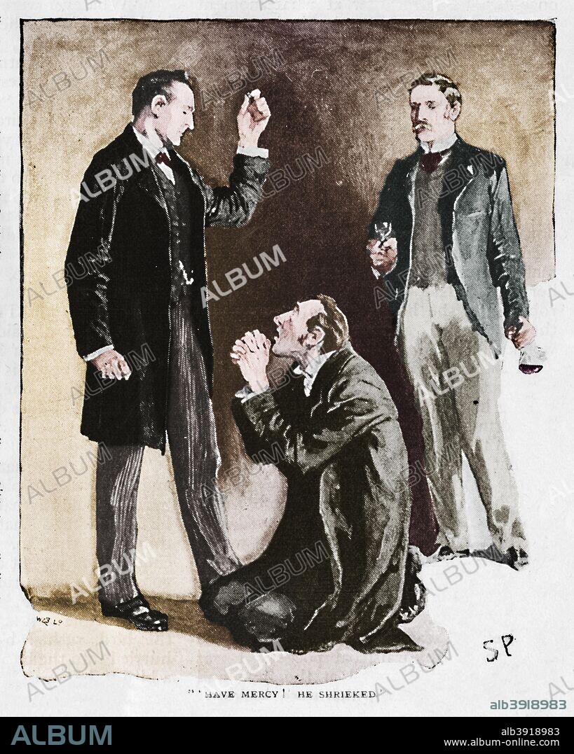 'Have Mercy! He Shrieked', 1892. Illustration from 'The Adventure of the Blue Carbuncle' by Arthur Conan Doyle.  From The Strand Magazine: An Illustrated Monthly - Vol. III. January to June, edited by George Newnes. [George Newnes, London, 1892]. (Colorised black and white print).
