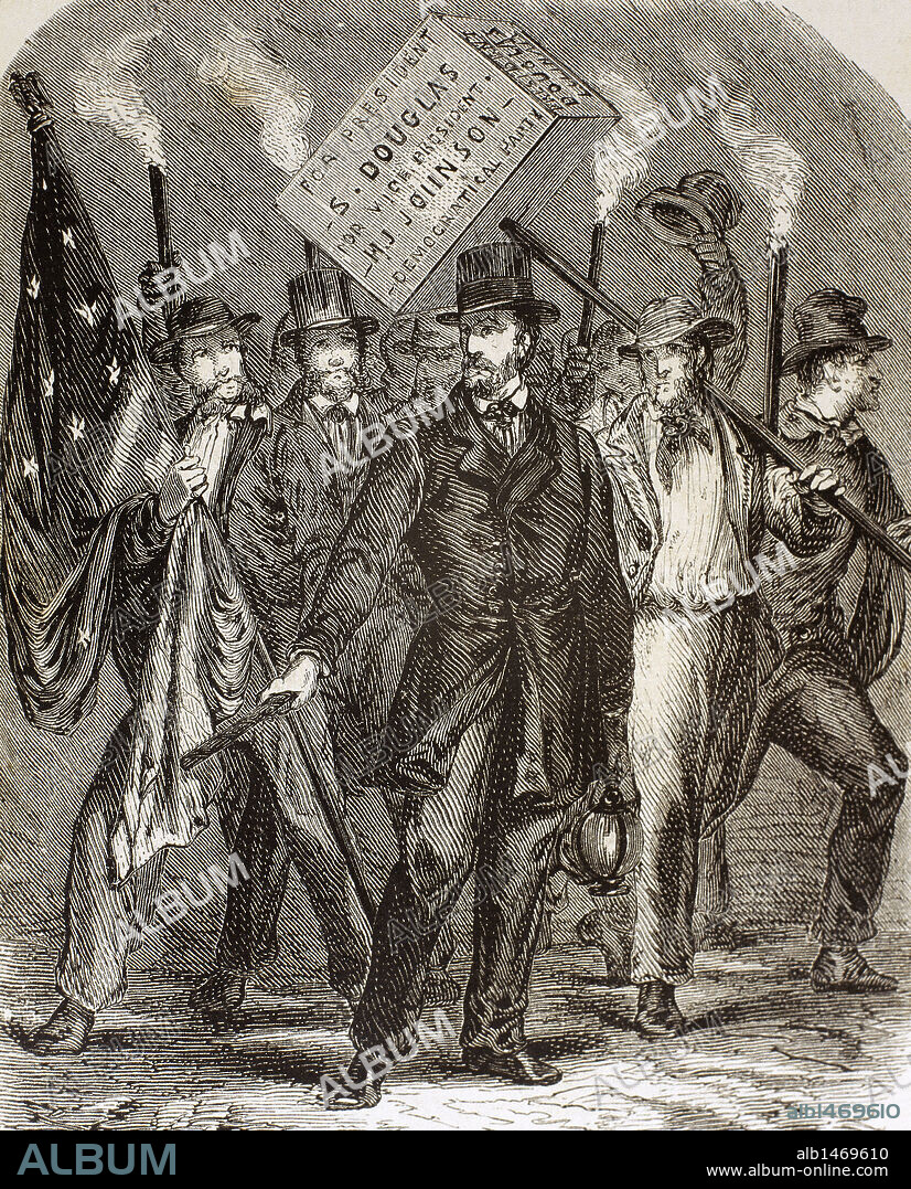 HISTORIA DE LOS ESTADOS UNIDOS. S. XIX. "AGENTES ELECTORALES DE LOS PARTIDOS POLITICOS: SEGUIDORES DE STEPHEN DOUGLAS, CANDIDATO DEL PARTIDO DEMOCRATA". Grabado de 'L'Illustration Journal Universel' (año 1860) .
