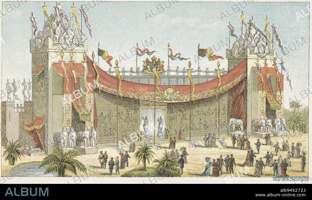 Main entrance to the World's Fair at Museumplein, Amsterdam Part of a group of sixteen plates and a map of the World Fair in Amsterdam from May 1 to October 1, 1883 Published by the Nieuws van den Dag, Main Entrance to the World's Fair in Amsterdam, 1883 Main Entrance Reminder of Amsterdam in 1883 on object, print maker: anonymous, printer: Emrik & Binger, (mentioned on object), publisher: Het Nieuws van den Dag, print maker: Netherlands, printer: Netherlands, publisher: Amsterdam, 1883, paper, h 117 mm × w 180 mm.