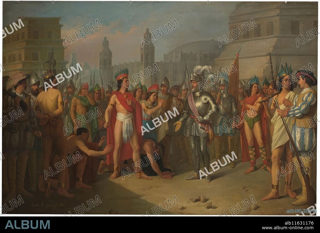 CARLOS MARÍA ESQUIVEL Y RIVAS. Carlos María Esquivel y Rivas / 'Prisión de Guatimocín, último emperador de los mejicanos, por las tropas de Hernán Cortés, y su presentación a este en la plaza de Méjico'. 1854. Óleo sobre lienzo, 142,5 x 210 cm.
