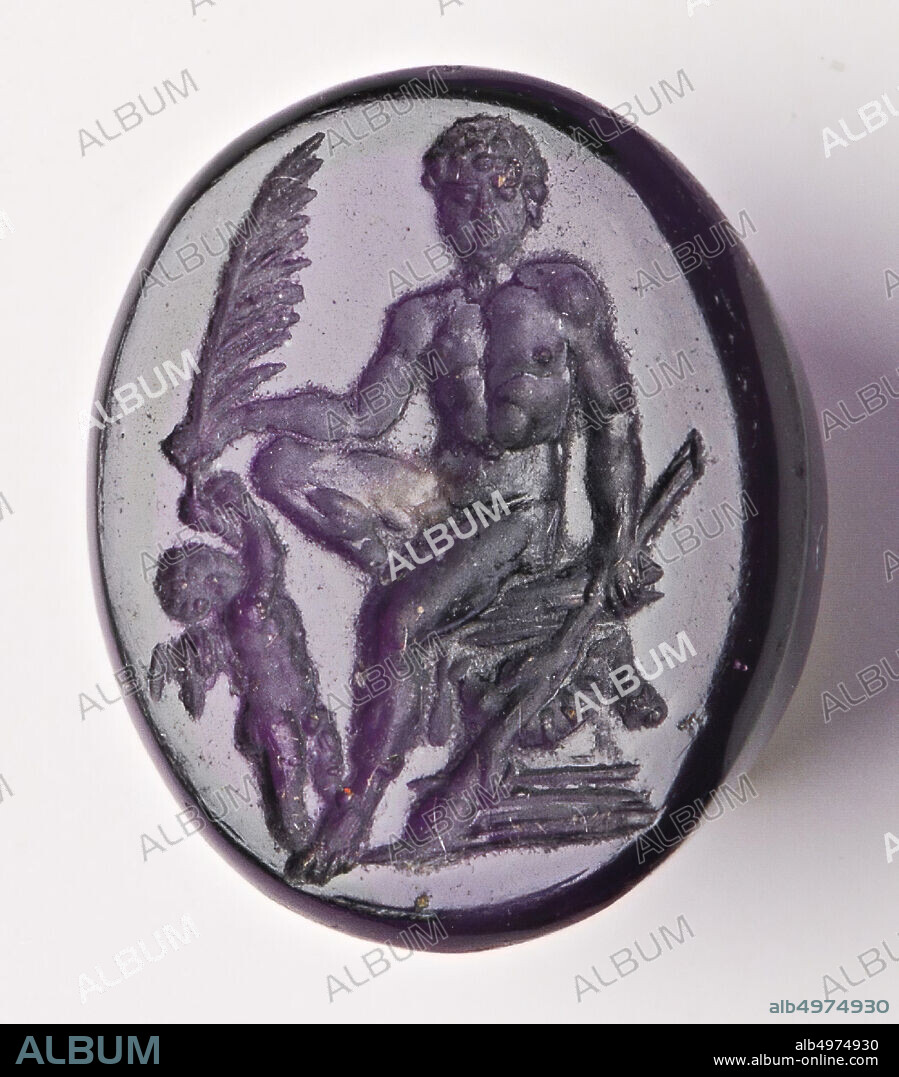 Vz: the naked man sits on a chair with his torso frontal, his right leg raised and his left leg resting on the ground, in his left hand he has a staff (thyrsos) and in his right hand a palm branch to which a small Cupid reaches him in front of it., gem, intaglio, unknown, Color: purple, Shape: oval, Processing: edge at the back cut backwards compared to front, 14 x 16 x 4 mm,?.