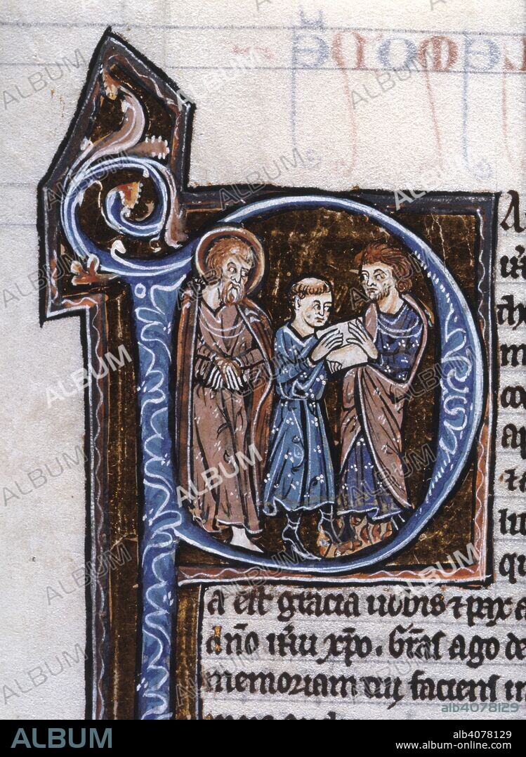 St Paul sending letter. Bible of Robert de Bello. England [Canterbury?]; between 1230 and 1240. (Miniature only) Epistle of Paul to Philemon, beginning with initial 'P', St Paul sending the letter  Image taken from Bible of Robert de Bello.  Originally published/produced in England [Canterbury?]; between 1230 and 1240. . Source: Burney 3, f.501v. Language: Latin.