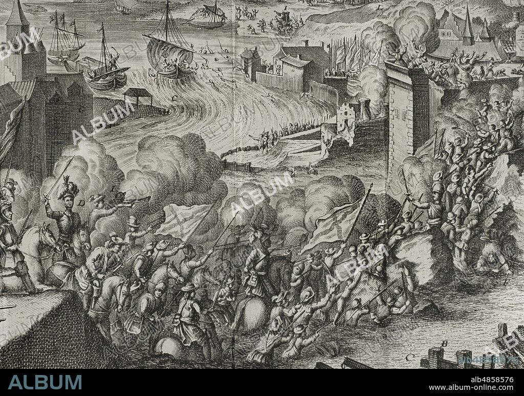 El 7 de septiembre de 1590, las tropas de Alejandro Farnesio asaltaron por sorpresa la fortaleza de Lagny, en la orilla del río Marne, afluente del Sena. Los soldados aprovecharon una brecha en la antigua muralla. La ciudad fué tomada por Farnesio, quien en una rápida maniobra envió gran cantidad de barcas cargadas de provisiones hacia París. "Expugnación de Lagny" (1590). Grabado, detalle. Guerras de Flandes. Edición publicada en Amberes, 1748. Biblioteca Histórico Militar de Barcelona. Cataluña. España.