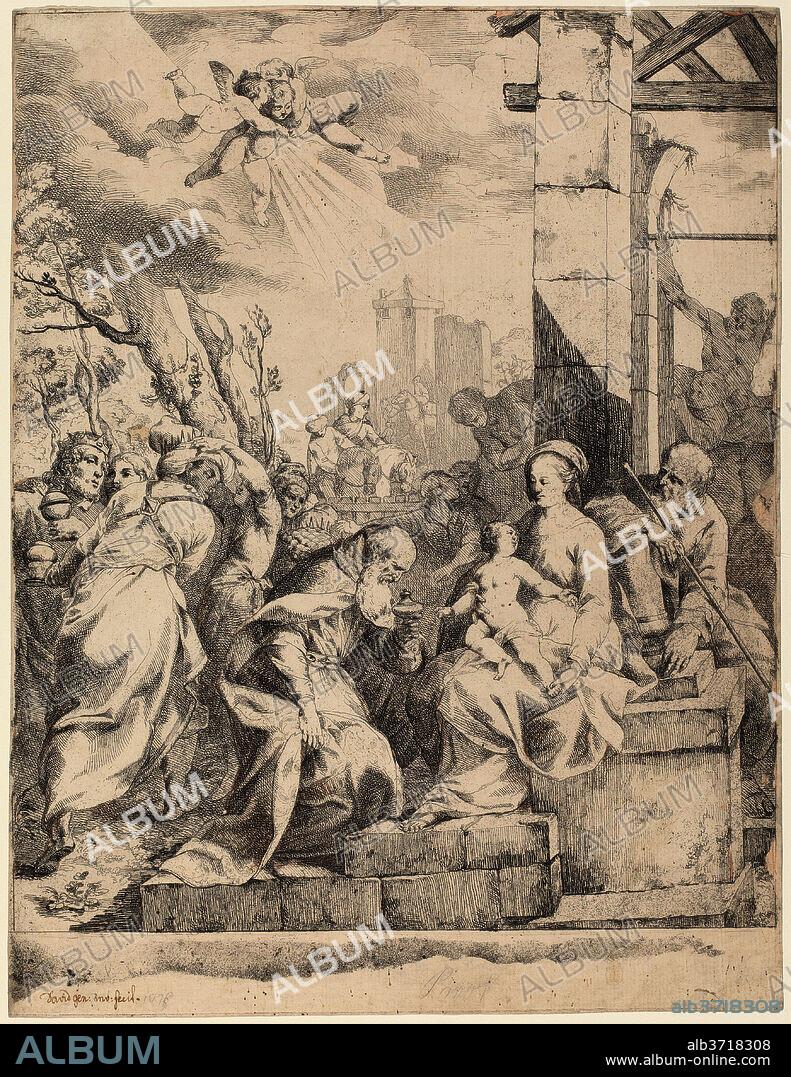 GIOVANNI DAVID AFTER SCARSELLINO. The Adoration of the Magi. Dimensions: overall: 44.1 x 34 cm (17 3/8 x 13 3/8 in.). Medium: etching touched by the artist in red chalk, brown pen and ink, and graphite on laid paper [working proof].