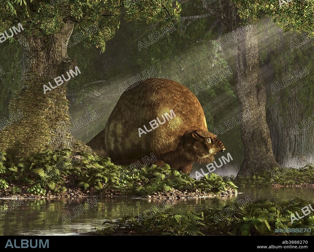 A large Glyptodon stands near the edge of a stream. Glyptodons were giant cousins of the armadillo that lived in South and Central America during the last ice age. They were about the size of a small car and ate the tougher grasses and plants that grew on river banks and lake shores. They went extinct about 10,000 years ago. They were likely hunted by humans and people may have actually used the shells for storm shelters.