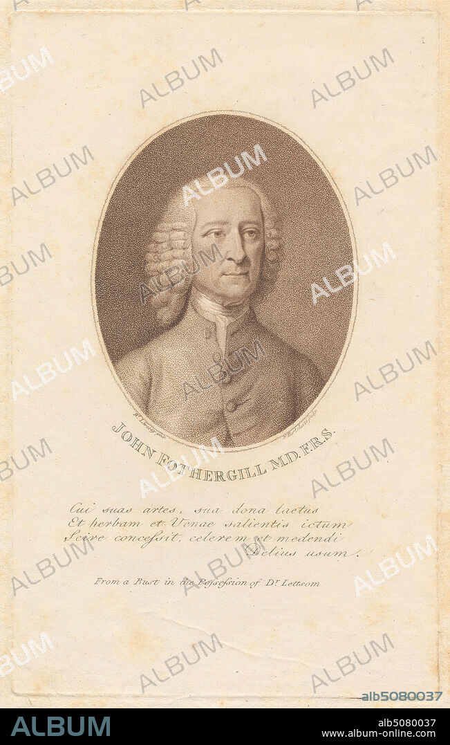 Dr. John Fothergill, Print made by Francesco Bartolozzi RA, 17281815, Italian, active in Britain (176499), after Richard Livesay, 17531826, British, 1782, Stipple engraving in brown ink on moderately thick, moderately textured, cream wove paper, Sheet: 9 5/16 x 6 7/16 inches (23.6 x 16.4 cm), Plate: 8 1/8 x 5 1/4 inches (20.7 x 13.3 cm), and Image: 4 5/16 x 3 7/16 inches (11 x 8.7 cm), buttons, coat, medicine, oval, physician, portrait, science, wig, England, United Kingdom.