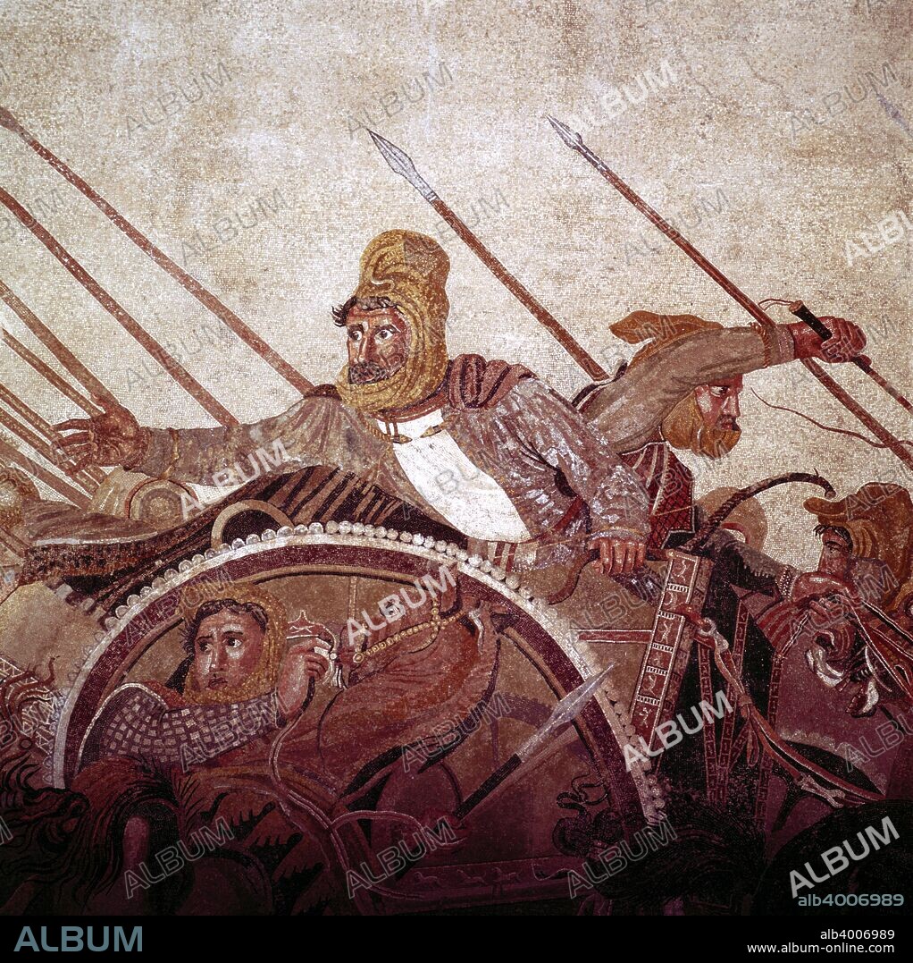 Roman mosaic of Darius II of Persia at the Battle of Issus in 333 BC, Pompeii, Italy, (1st century AD). Alexander the Great (356 BC-323 AD) fighting the Persian king Darius in what is now in southern Anatolia. The city of Pompeii was destroyed in 79 AD.