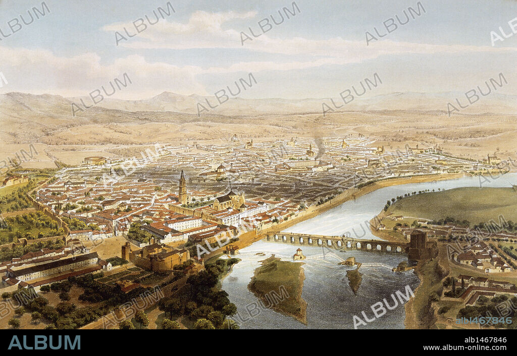 CORDOBA (año 1860). Panorámica de la ciudad con el RIO GUADALQUIVIR en primer término. Andalucía. España. Dibujo y litografía por A. GUESDON.