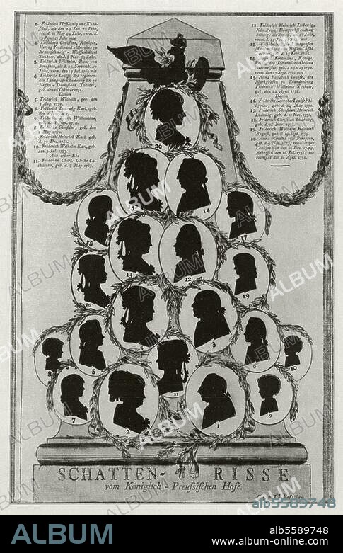 Friedrich II. (der Große), König von Preußen (1740-86); Berlin 24.1.1712 - Sanssouci bei Potsdam 17.8.1786. "Schatten-Risse vom Königlich-Preußischen Hofe". (Silhouetten Friedrichs des Großen und seiner Gemahlin, seiner Brüder, deren Gemahlinnen und Kinder). Holzschnitt, koloriert, 1784, von Johann Lorenz Haf (1737-1802).