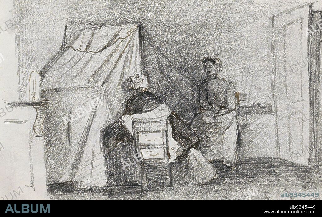 The sickbed is shielded with cloths. Sheet 7 recto from a sketchbook with 29 sheets, Interior with two women at a sickbed., Isaac Gosschalk, 1860.