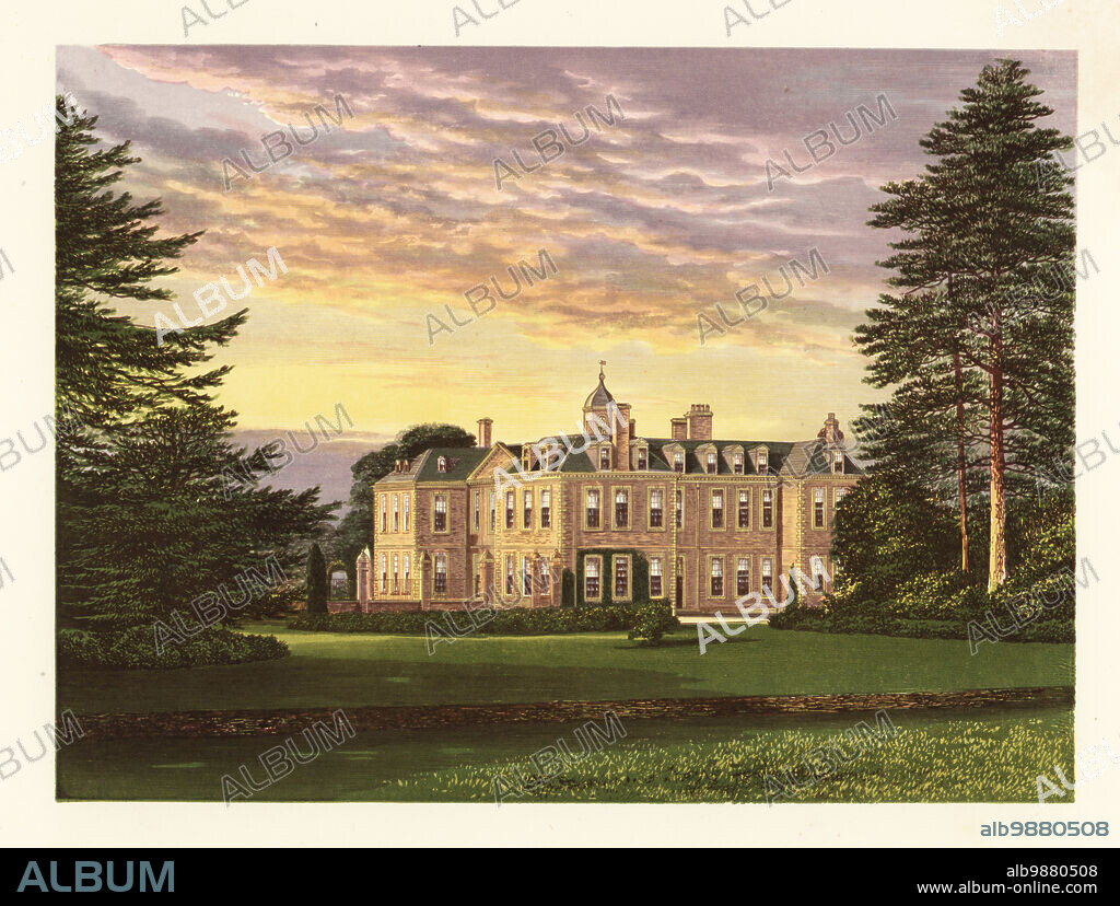 Hanbury Hall, Worcestershire, England. 18th century red-brick house in the Queen Anne Style. Home of Harry Foley Vernon, 1st Baronet of Hanbury Hall. Colour woodblock by Benjamin Fawcett in the Baxter process of an illustration by Alexander Francis Lydon from Reverend Francis Orpen Morriss A Series of Picturesque Views of the Seats of Noblemen and Gentlemen of Great Britain and Ireland, William Mackenzie, London, 1880.