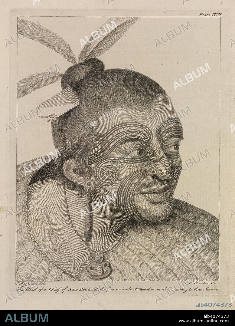 SYDNEY PARKINSON, S PARKINSON et J CHAMBERS. A tattooed New Zealand chief. The Head of a Chief of New Zealand, the face curiously tataowd, or mark'd, according to their manner. Portrait. A Journal of a Voyage to the South Seas , in His Majesty's ship, the Endeavour (under the command of Captain James Cook). Stanfield Parkinson: London, 1773. Source: L.R.294.c.7, plate XVI. Language: English.