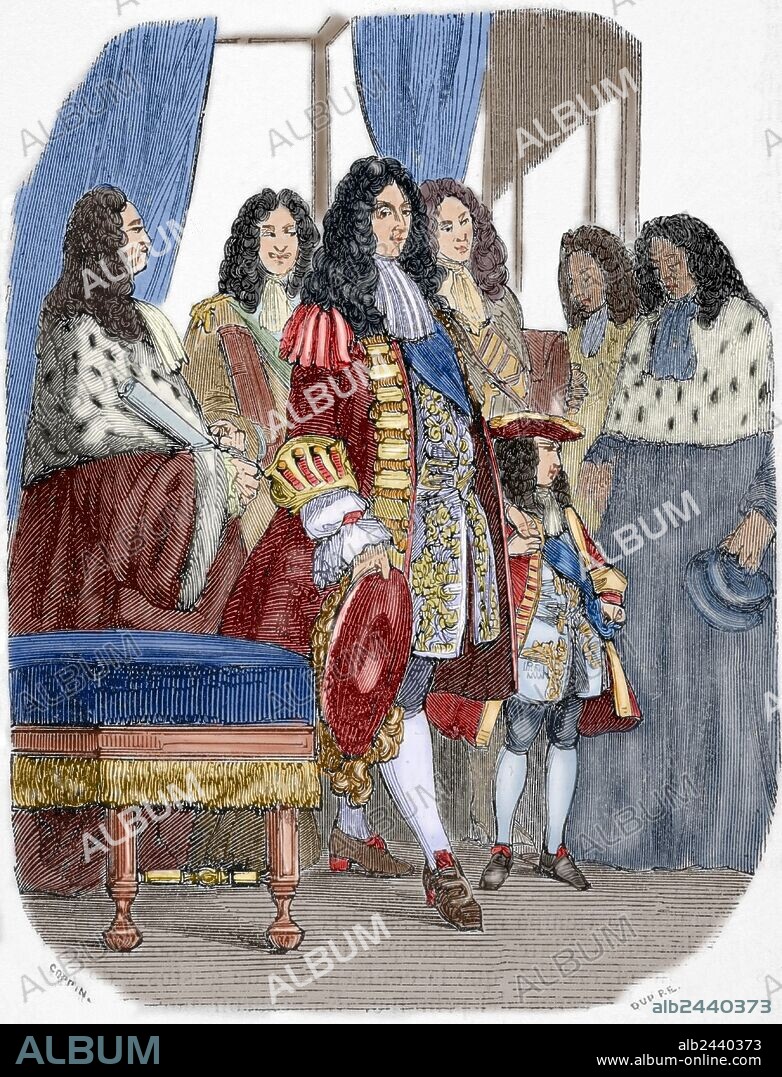 LUIS XV (Versalles,1710-Versalles,1774). Rey de Francia (1715-1774), bisnieto de Luis XIV. Durante su minoría de edad desempeñó la regencia Felipe de Orleans (1715-1723). Durante su largo reinado se fue convirtiendo en un monarca impopular. "El Regente Felipe de Orlenas con Luis XV de niño, en el Parlamento". Grabado coloreado.