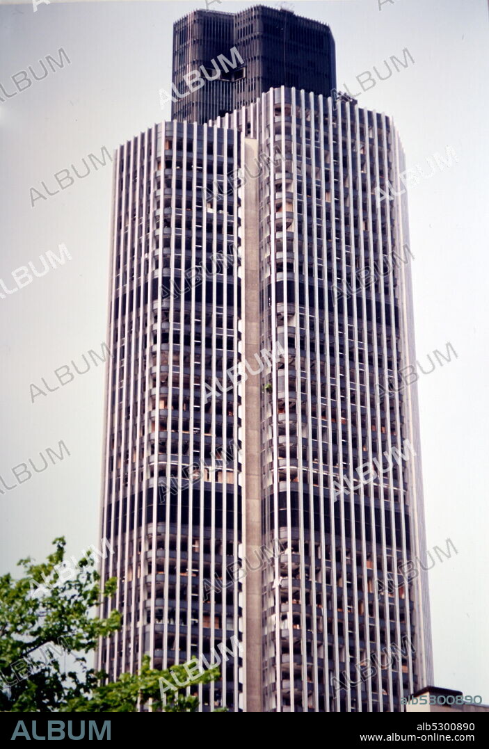 Photograph taken after the 1993 Bishopsgate bombing, when the Provisional Irish Republican Army detonated a powerful truck bomb on Bishopsgate, a major thoroughfare in London's financial district, the City of London.