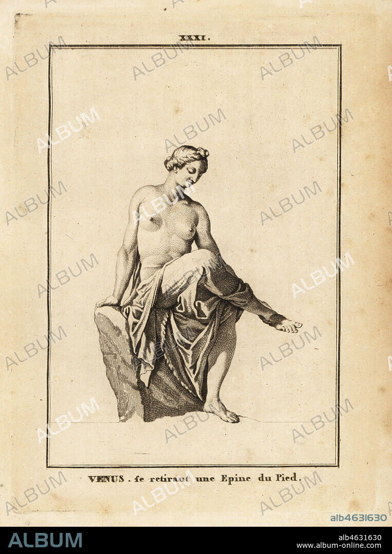 Statue of Venus, Roman goddess of love, beauty, sex and fertility, removing a splinter from her foot. Copperplate engraving by Francois-Anne David from Museum de Florence, ou Collection des Pierres Gravees, Statues, Medailles, Chez F.A. David, Paris, 1787. David (1741-1824) drew and engraved the illustrations based on Roman statues, engraved stones and medals in the collection of the Museum de Florence and the cabinet of curiosities of the Grand Duke of Tuscany.