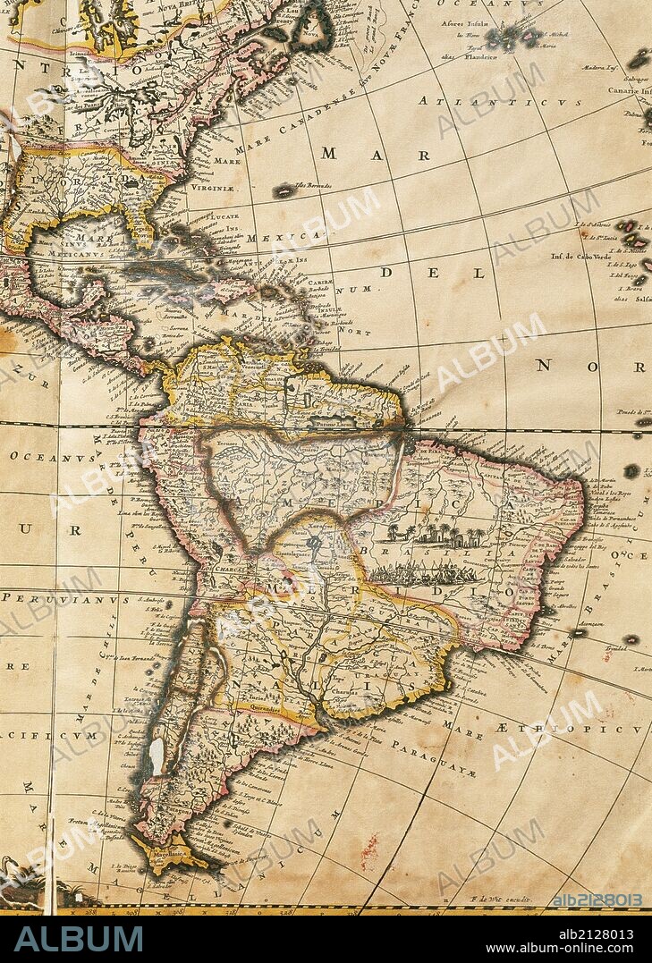 FREDERIK DE WIT. MAPA DE AMERICA DEL SUR, ANTILLAS, CENTROAMERICA Y COSTA DEL ESTE DE AMERICA DEL NORTE. Nova Totius Americae Descriptio. Por Frederick de Wit (1610-1698). Amsterdam, siglo XVII.