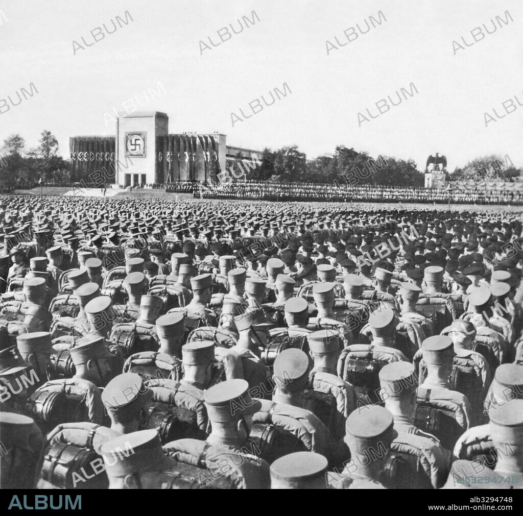 One hundred thousand men gathered together at the 1936 Nuremberg Rally of Honour.